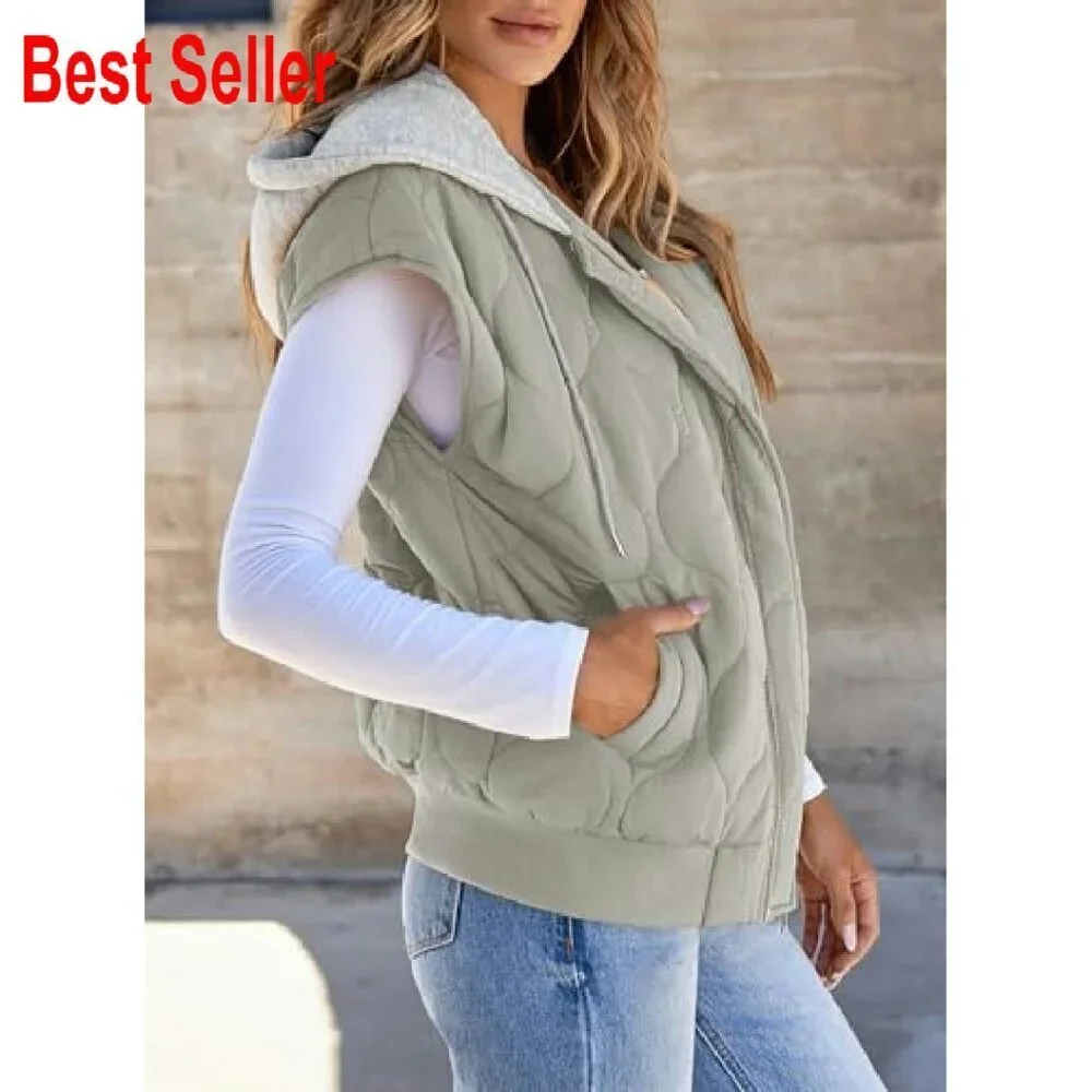 Cropped Hooded Puffer Vest Quilted Lightweight Sleeveless Jacket with Pockets